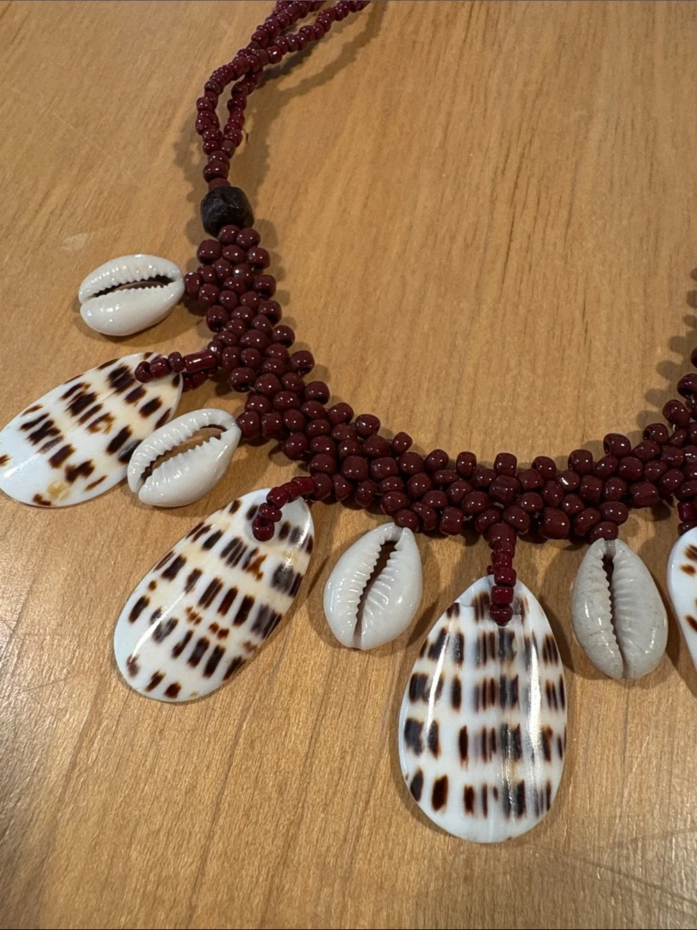 Source Unknown Maroon Beaded Shell & Cowrie Necklace